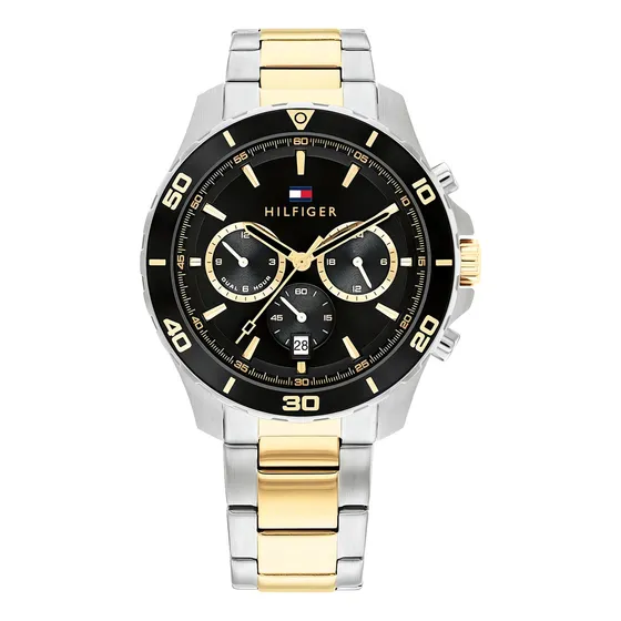 Relógio masculino Tommy Hilfiger 1792095, malha prateada e dourada, moldura preta, fundo preto