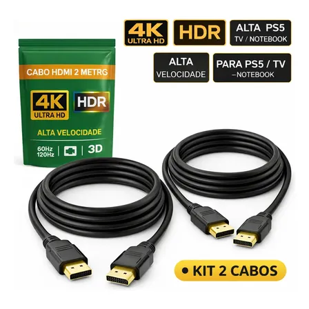 Cabo Hdmi 2 Metros 2.0 4k Ultra Hd Blindado Gold Hdr 120hz Alta Velocidade Ethernet 19 Pinos Kit 2 Unidades Compatível Ps5 Ps4 Xbox Tv Smart Monitor Projetor Pc Notebook Full Hd 3d Shengke