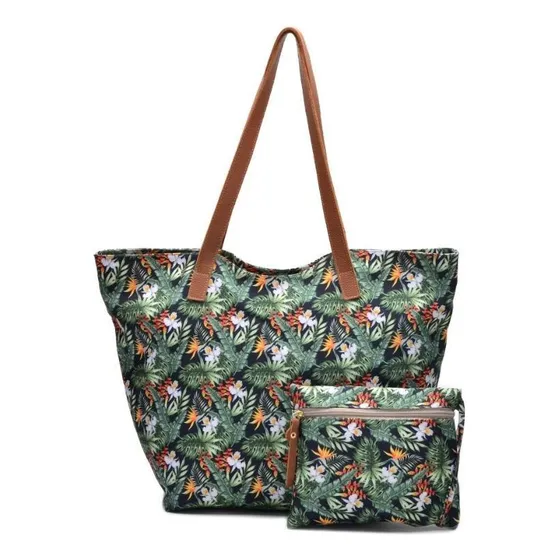 Bolsa Feminina Saco Estampada Floral Zíper + Necessaire Cor Verde