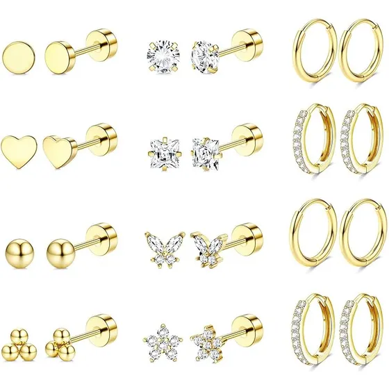 12pare Aretes De Oro 14k Mujer Arracadas Piercing Cartílago