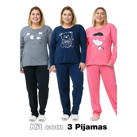 Kit Com 3 Pijamas Feminino Inverno Plus Size 100% Algodão