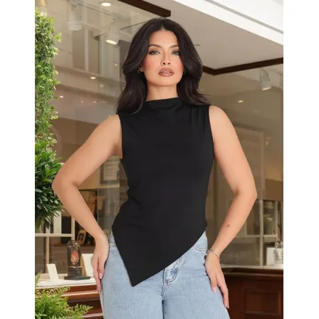 Blusa Básica Feminina Regata Assimétrica Elegante Casual