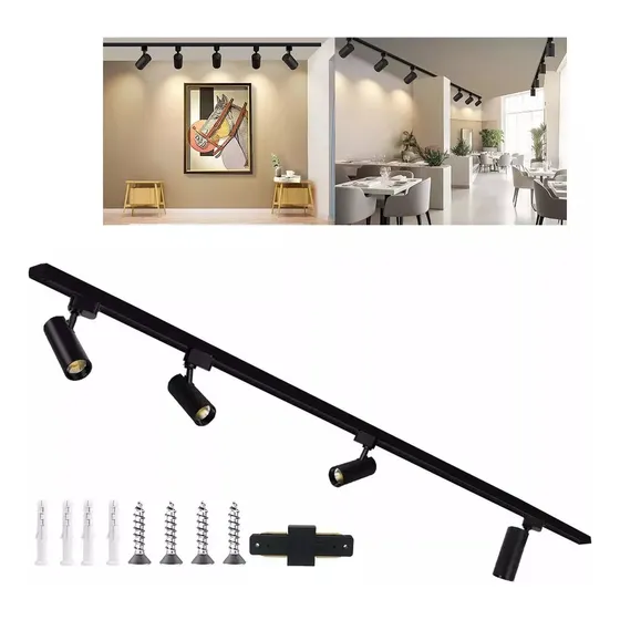 4 Foco Riel Luz Calida 220v 3000k+ Riel Monofásico 2mt Negro
