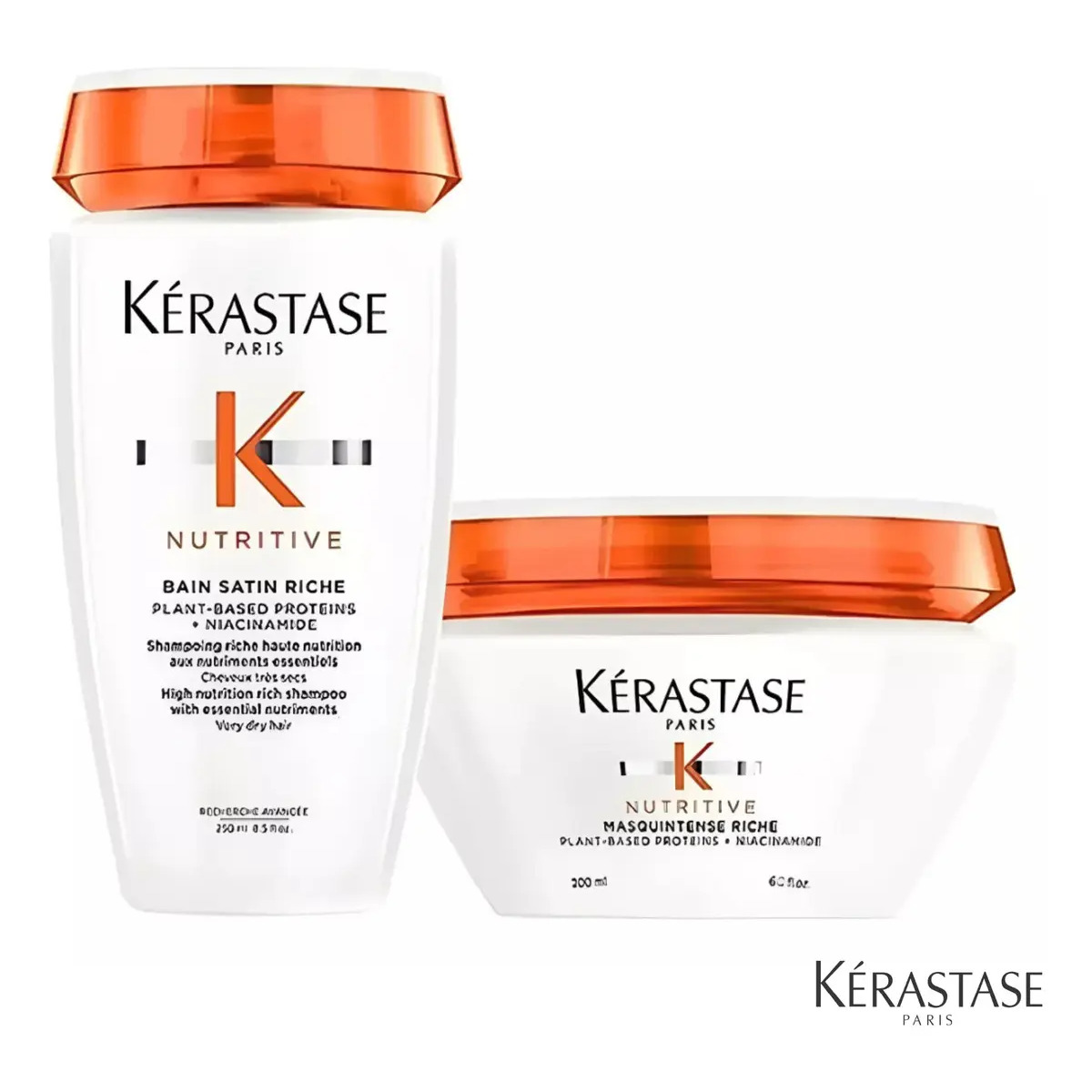 Kit Kérastase Nutritive contendo um frasco de shampoo Bain Satin Riche de 250ml e um pote de máscara Masquintense Riche de 200g, ambos com embalagem branca e tampa laranja.