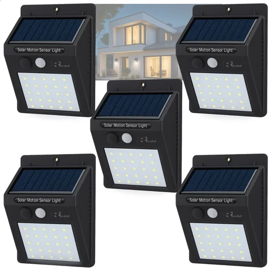 Kit 5 Luminaria Solar Luz Led Com Sensor Presença Automático Estrutura Preto - Redd