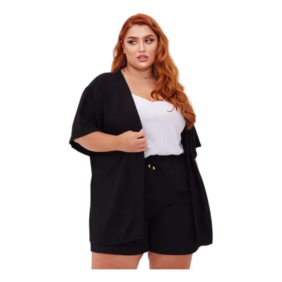 Conjunto Feminino Plus Size Kimono Cardigan E Short Forrado