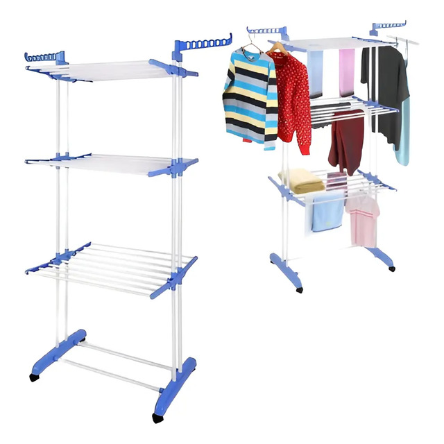 Varal De Chão De Aço 3 Andares Com Rodinhas E Abas Ems Click Azul