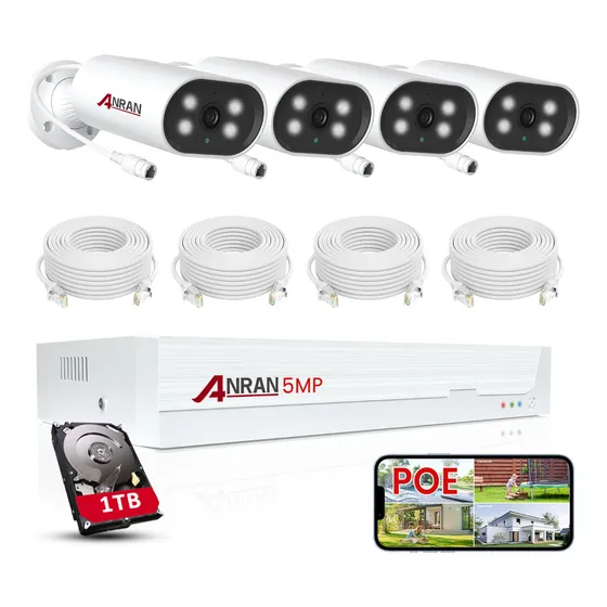 PoE Kit Cámara de seguridad Anran K04P7211 Cableado kit con resolución de 5MP visión nocturna y audio incluidos blanca