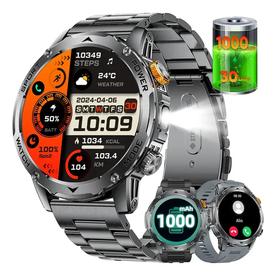 Reloj Inteligente Hombre Smart Watch Deportivo Llamada Bluetooth 1000mah Batería Grande Ip68 Resistente Al Agua Acero Inoxidable Y Correas De Silicona