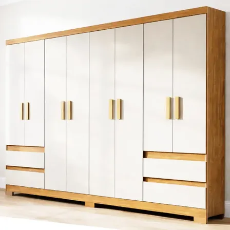 Guarda Roupa Casal Grande 8 Portas 4 Gavetas Moderno Paris Off White / Amadeirado