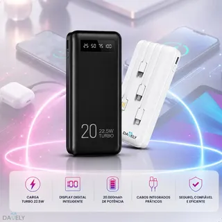 Carregador Portátil Power Bank Turbo 20000mah Carga Rápida Universal Compatível Com iPhone Samsung Apple Motorlola... Branco/preto