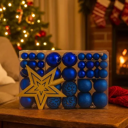 Kit 100 Bolas Natal Lisas/foscas/glitter C/ Ponteira Enfeite Azul