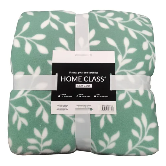 Frazada Corderito 1 Plaza Estampado Home Class 150 X 240 Cm Diseño De La Tela Hojas Menta