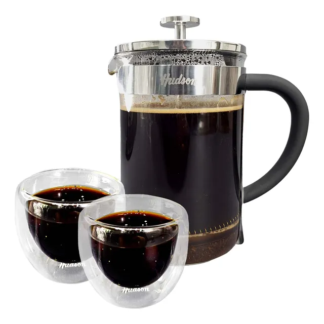 Set 3 Cafetera Embolo 600 + 2 Vasos Termicos 80ml Hudson Bz3