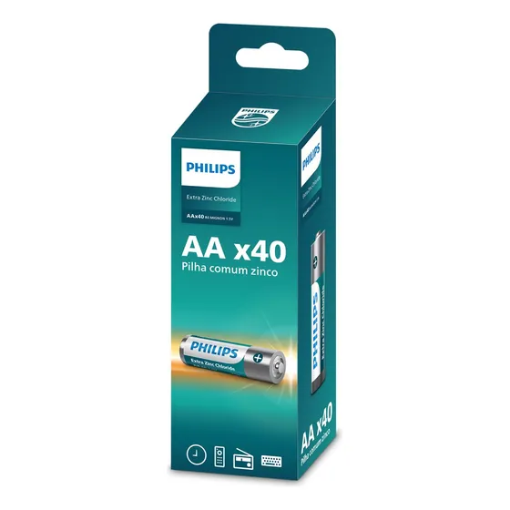 40 Pilhas Zinco Aa Philips Bateria Caixa C/40 Unidades