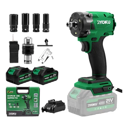 Chave De Impacto Brushless 21v 2 Baterias 600nm 1/2  Ryoku Verde 127/220v 50 Hz/60 Hz