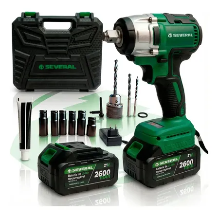 Chave De Impacto Parafusadeira Several Furadeira Recarregável 21v Com Acessórios E Maleta 2600mah 2 Baterias Verde 127/220v