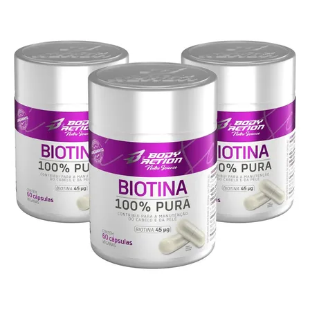 Kit 3x Biotina 100% Pura Total 180 Cápsulas Bodyaction Sem Sabor