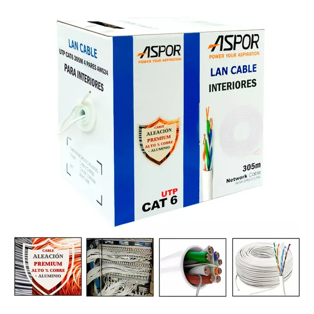 Cable De Red Utp Cat6a Caja Bobina de 305mts 24awg Marca Aspor interior Color Blanco 10gbps Velocidad De Transferencia RJ45 Par Trenzado UTP Lan Ethernet Modelo 2305as Banda Ancha de 500mhz