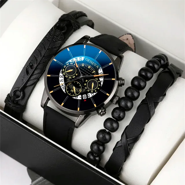 4 Piezas Reloj Casual Y Pulseras De Cuero A La Moda