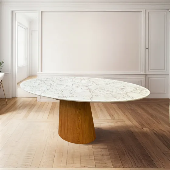 Mesa De Jantar Oval 137x90 Base Freijó Mdf Calacata