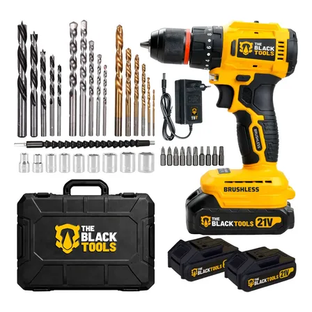 Parafusadeira Furadeira De Impacto 2 Baterias 21v Motor Brushless Com Maleta Brocas E Acessórios The Black Tools Amarelo 127/220v 60hz