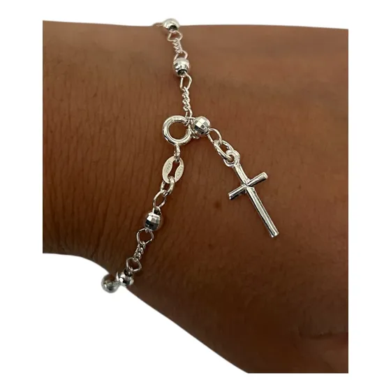 Pulsera Importada Italiana Denario Rosario Cruz Plata 925
