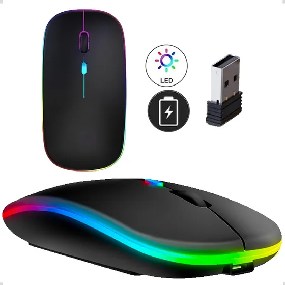 Mouse Sem Fio Recarregável Wireless Optico Led Rgb Ergonômico Sem Fio Para Pc Desktop Notebook Tablet Smartphone Davely Preto