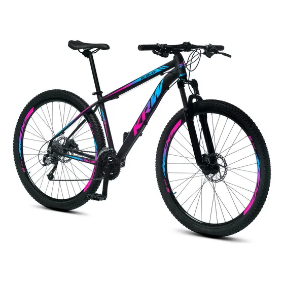Bicicleta Bike aro 29 KRW X51 Mountain Bike Câmbio 21 velocidades Freio a Disco Amortecedor Suspensão dianteira Preto Rosa e Azul Tamanho quadro 15.5
