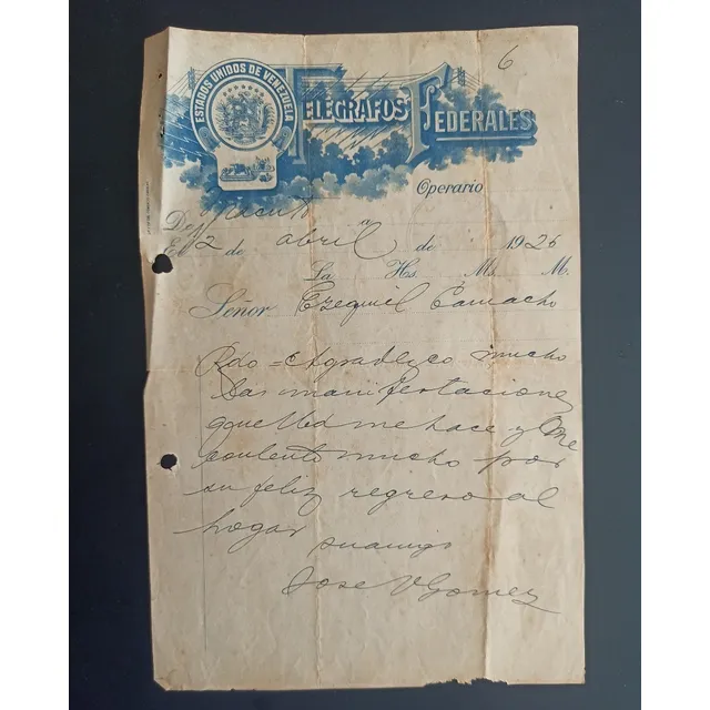 Antiguo Documento Firmado Por Jose Vicente Gomez 1926! Ofert