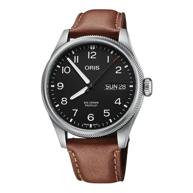 Reloj Oris Big Crown Propilot 01 752 7760 4164-07 5 22 07lc Color de la correa Café Color del bisel Plateado Color del fondo Negro