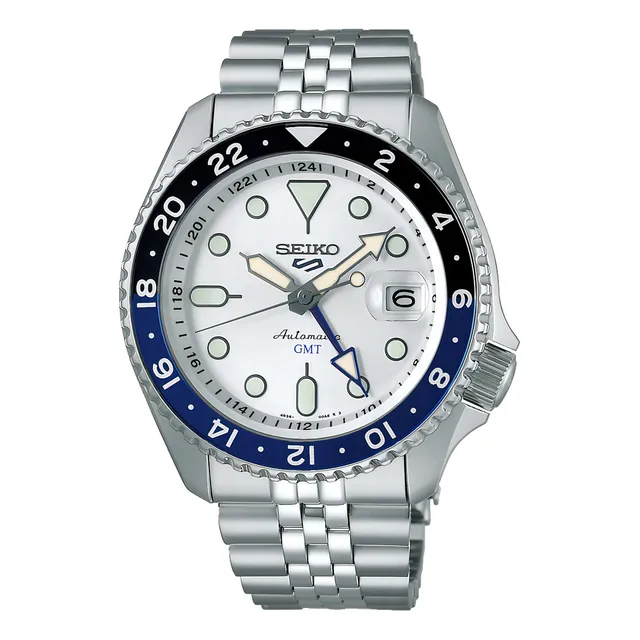 Reloj automático Seiko 5 Sports Gmt Ssk033, 42,5 mm, correa blanca y bisel gris, negro/azul
