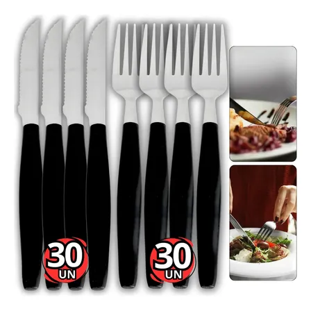 Kit Jogo 60 Talheres Garfo E Faca Inox Cabo Plástico