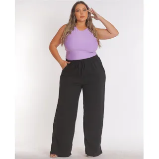 Calça Pantalona Plus Size Wide Leg Cintura Alta Com Elastico Calça Pantalona Plus Size Wide Leg Cintura Alta Com Elastico