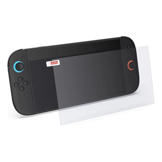 Película de vidro temperado transparente posicionada em frente a um console Nintendo Switch preto com detalhes coloridos nos joy-cons.