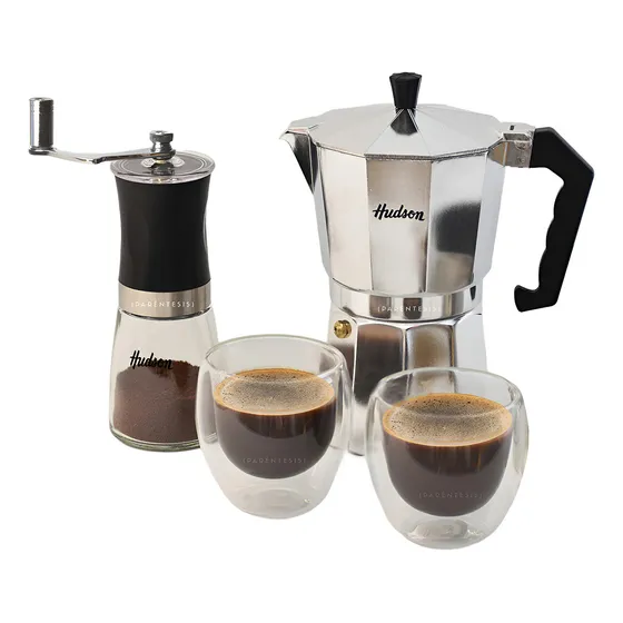 Combo Hudson Cafetera Italiana 9 Poc + Molinillo + Set Tazas