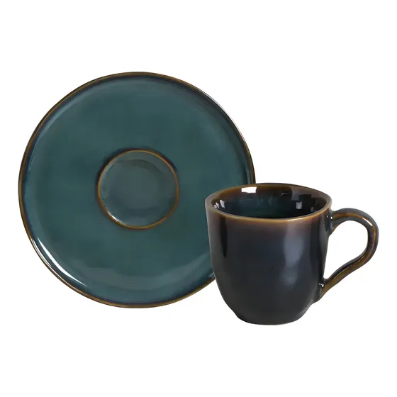 Jogo 6 Xícaras e Pires de Café Cerâmica Azul Porto Brasil Bio Oceano 120ml