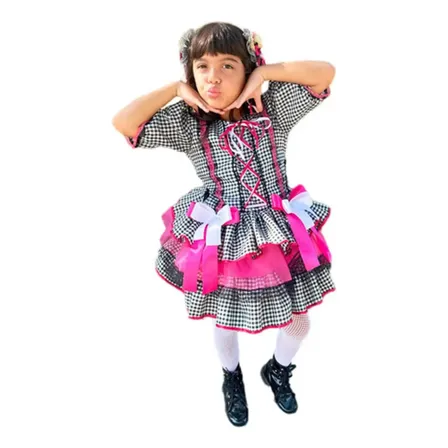 Vestido Caipira Junino Infantil Quadriculado Preto Luxo Preto 10 Anos (0040)