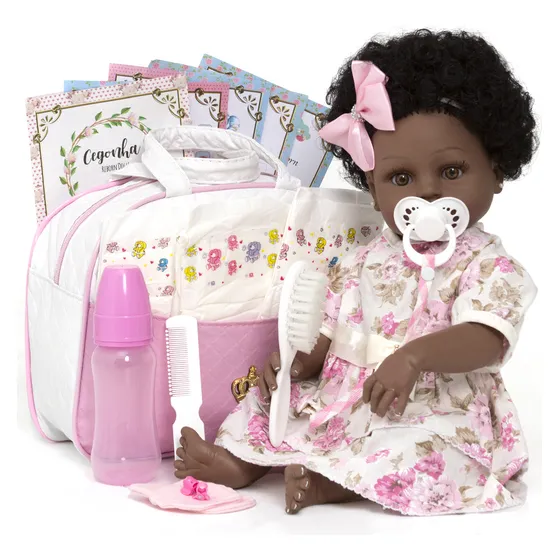 Bebê Reborn Negra Cabelo Cacheado Completa Vestido Florido