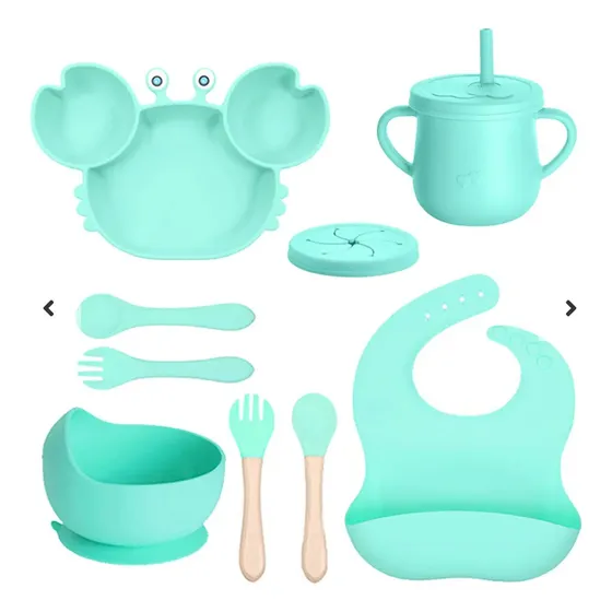 Set De Plato Silicona Con Cubiertos Para Bebe 9pzs Cangrejo