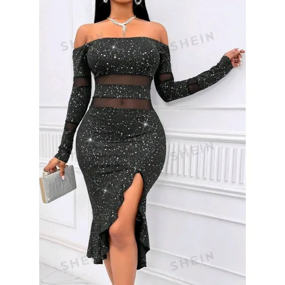 Vestido Negro Con Brillos Hombros Descubiertos  Elegante