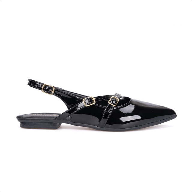 Sapatilha Feminina Slingback Em Verniz Bico Fino Com Fivelas Sapatilha Feminina Slingback Em Verniz Bico Fino Com Fivelas