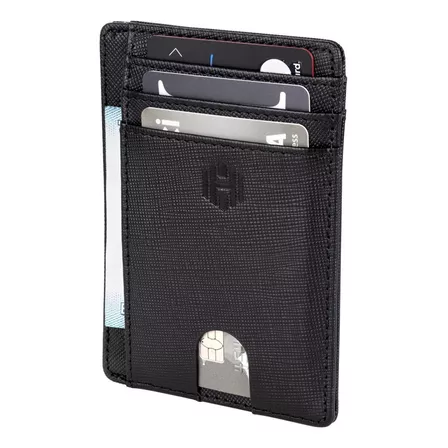 Billetera Hombre Ultra Delgada De Cuero Bloqueo Rfid Hardley Color Negro Saffiano