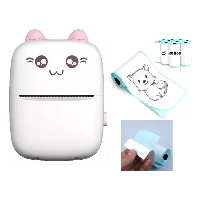 Mini Impresora Térmica Gatita Bluetooth + 5 Rollos Adhesivo