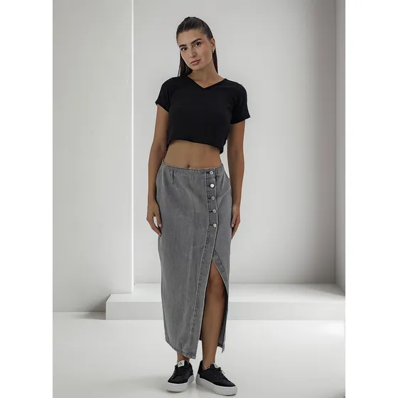 Pollera Larga De Jean Falda Denim Talles Gris Celeste