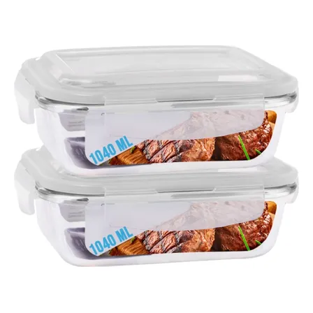 Kit 2 Potes Vidro Hermético Marmita Com 4 Travas 1040ml - Transparente