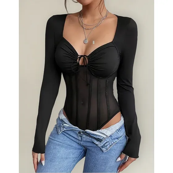 Blusa Body Corselet Corset Balada Fiesta Malla Manga Larga