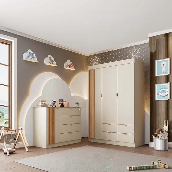 Quarto Infantil  Móveis Para Bebê Guarda-roupa 3p E Cômoda