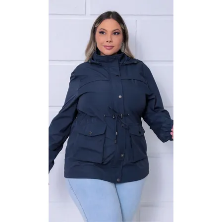 Parka Jaqueta Plus Size Feminina Ajustável Capuz Removível Azul-marinho G2