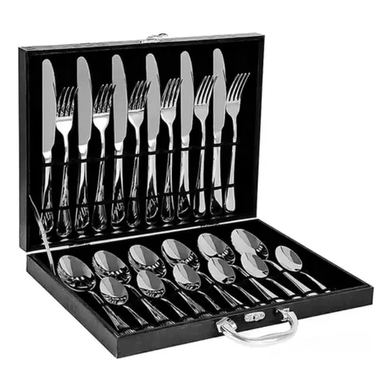 Faqueiro Inox Maleta Madeira Garfo Faca Colher 24 Peças